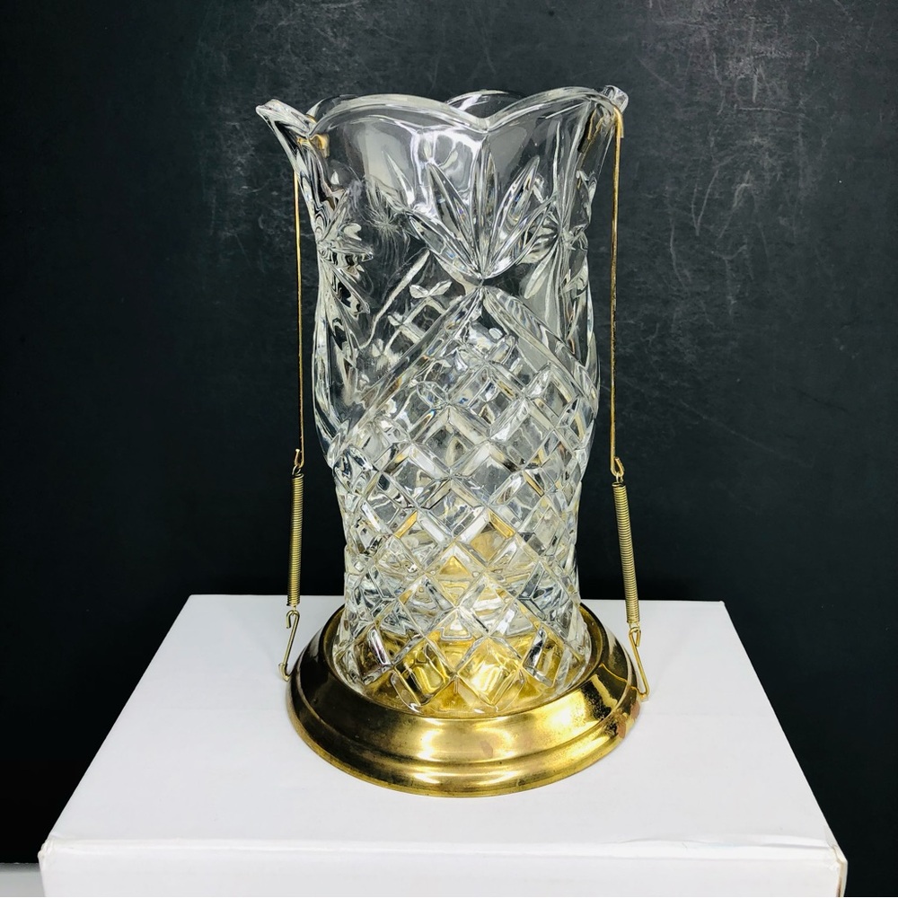 Hurricane Lamp Candle Holder 7" Crystal Diamond Cut Glass Metal Base Gold MCM